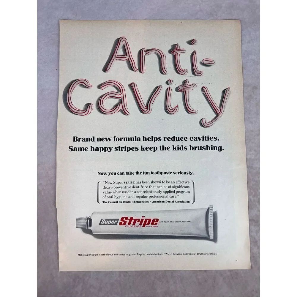 Vintage 1966 Anti-Cavity Super Stripe Toothpaste Vintage Print Ad Advertisement